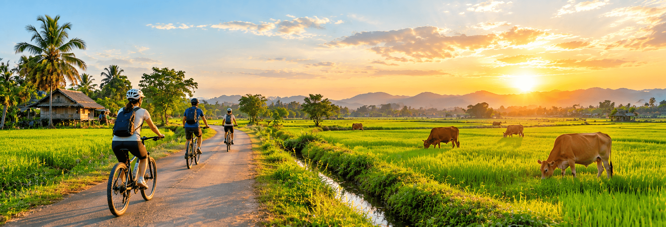 Cycling and countryside tours featuring scenic bike routes, rural villages, and pastoral landscapes across Southeast Asia